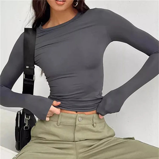 Women Long Sleeve T Shirt Spring Autumn Solid Slim Fit Casual Shirts Female Pullovers Basic Tee