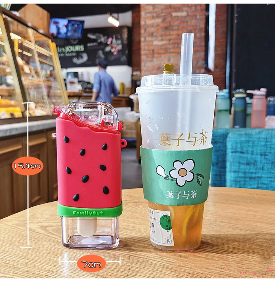Cute Ice Cream Plastic Water Bottle With Straw Strap Popsicle Water Bottle
