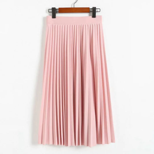 Women's High Waist Pleated Solid Color Half Length Elastic Skirt Lady Black Pink
