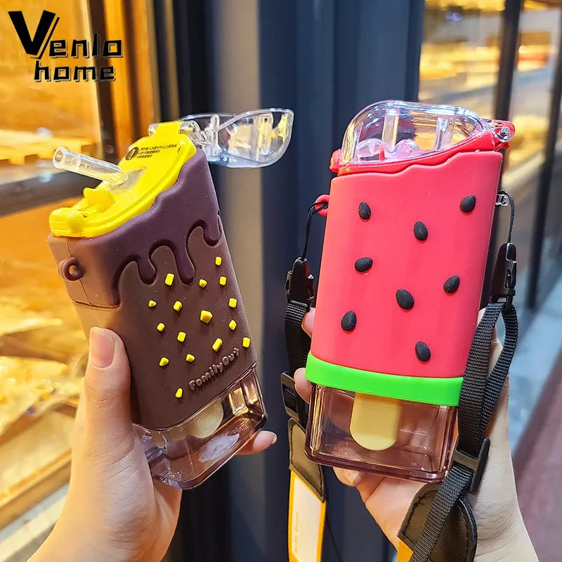 Cute Ice Cream Plastic Water Bottle With Straw Strap Popsicle Water Bottle