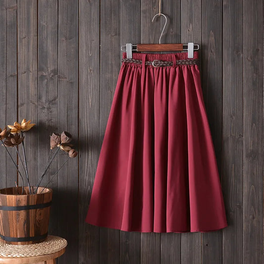 Midi Knee Length Skirt Women With Belt Fashion Ladies High Waist Pleated A-line Skirt Female