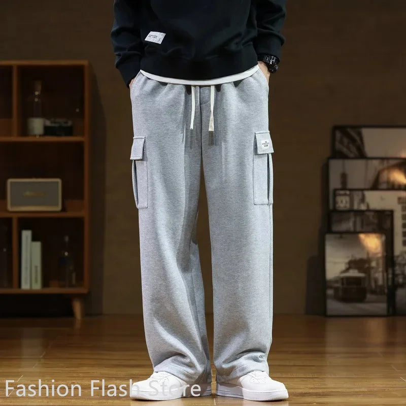 Sweatpants Men Casual Track Pant Male Multi-Pockets Drawstring Cotton Loose Straight Trousers