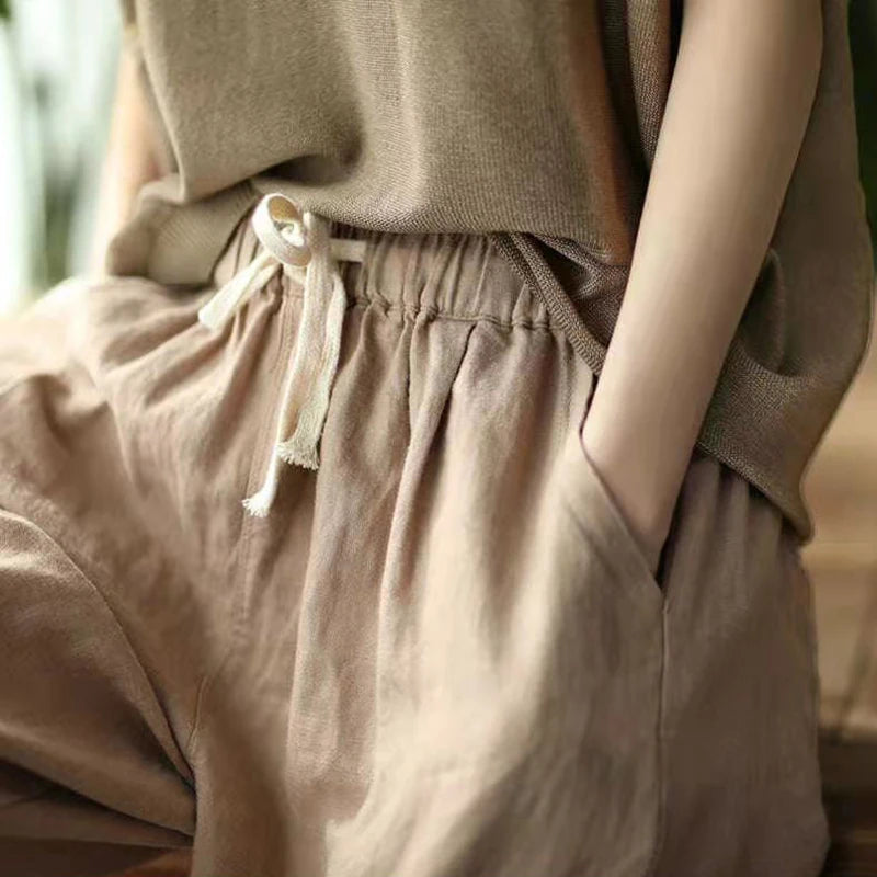 Spring Summer Cotton Linen Pants Women Solid Color Casual Ankle-length Pant Waist Loose Trousers