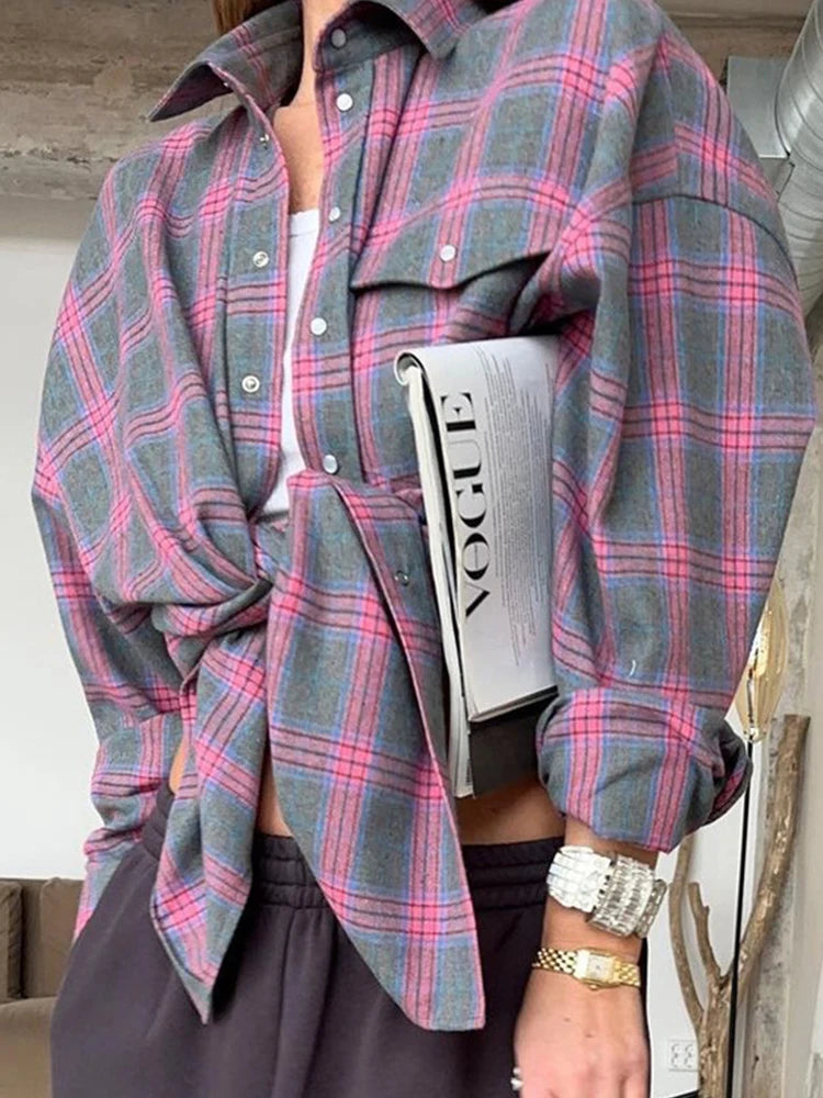 Women Oversized Plaid Shirt Vintage Long Sleeve Loose Fit Blouse For Woman