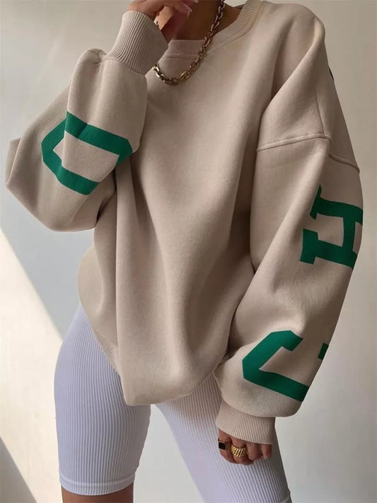 Back Letters Print Oversized Sweatshirts Women Casual Thickened Warm Pullovers Long Sleeve Tops