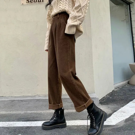 Corduroy Pants High Waist Straight Trousers Causal Pockets All Match Female Pants