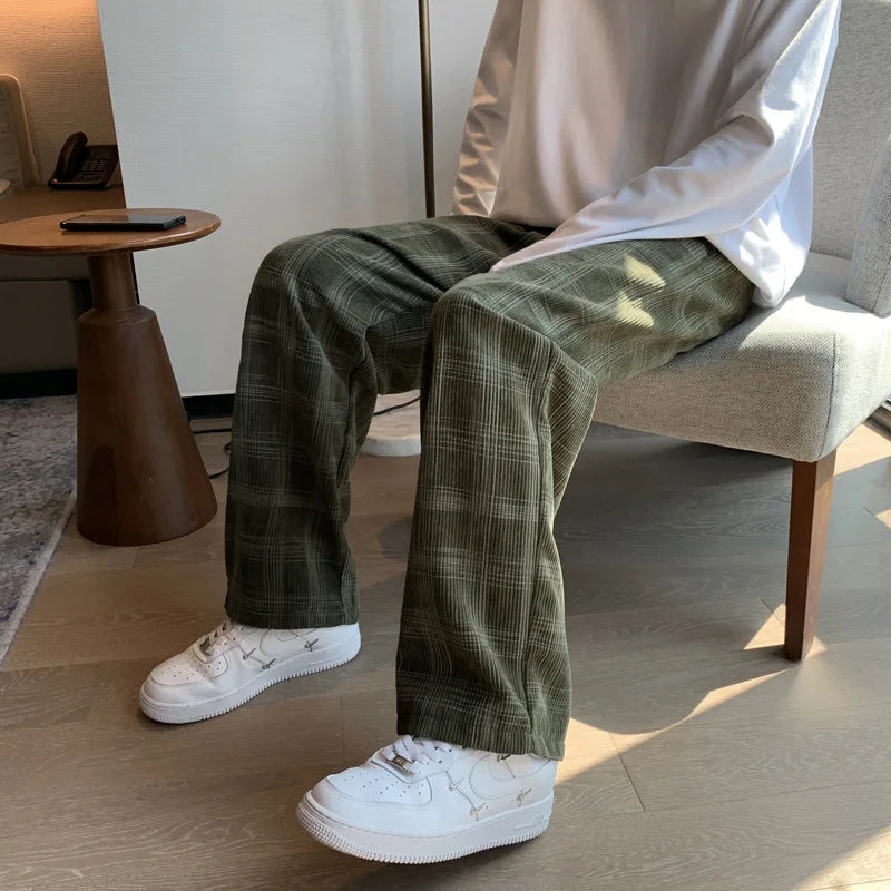 Men Checkered Casual Pants Loose Straight Corduroy Pants Sweatpants Man Fashion Streetwear