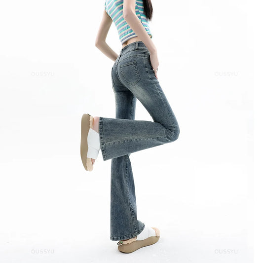 Women Jeans Cotton Denim Flared Pants Streetwear High Waist Slim Trousers
