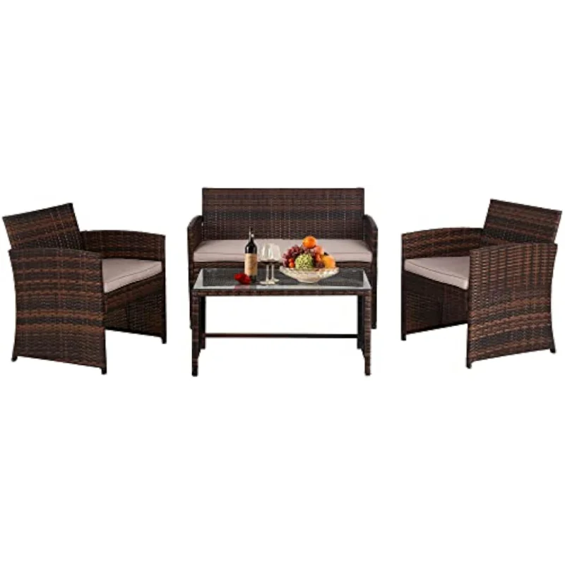 4 Pieces Outdoor Patio Furniture Sets Rattan Chair Patio Set