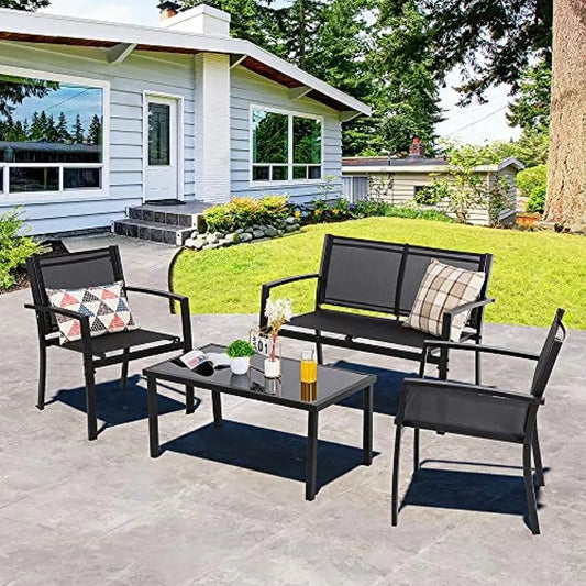 4 Pieces Patio Furniture Set Fabric Outdoor Set, with Glass Coffee Table, Loveseat