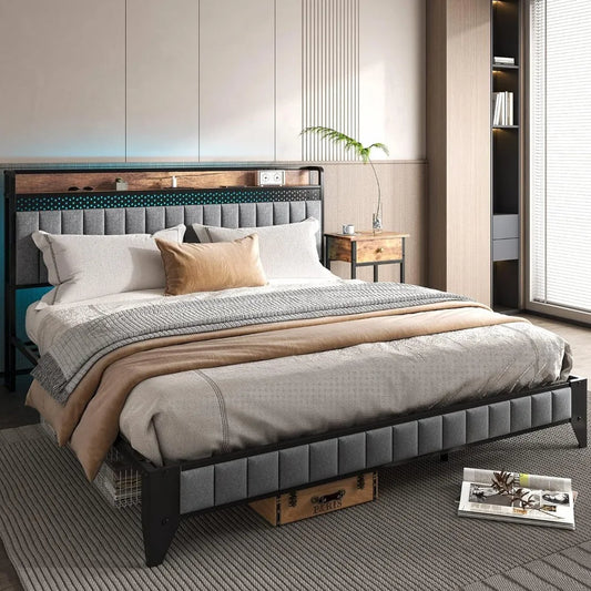 Bedroom Furniture King Size Bed Frame Platform with Charging Station, LED Lights, Metal Slats