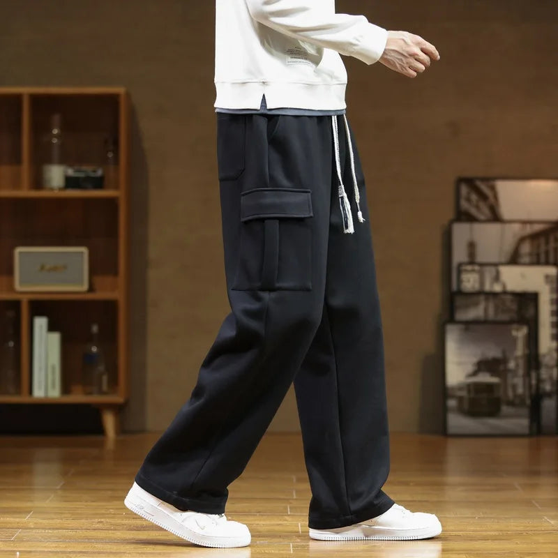 Sweatpants Men Casual Track Pant Male Multi-Pockets Drawstring Cotton Loose Straight Trousers