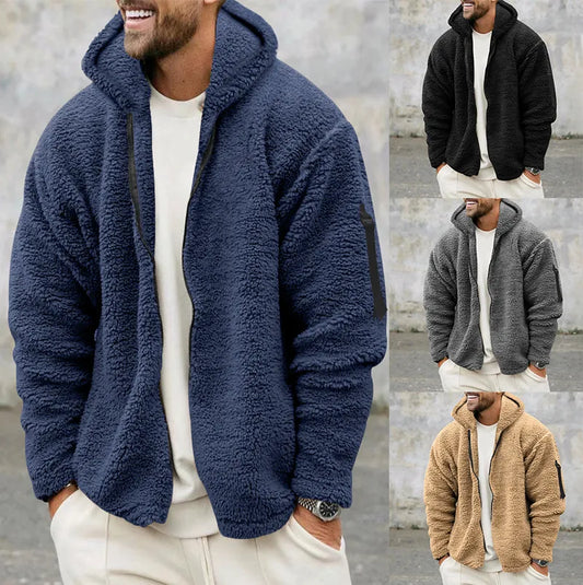 Men Fleece Hoodie Coats Vintage Zip Hooded Jacket  Solid Warm Sweatshirts Black Blue Tops