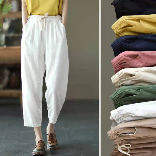 Spring Summer Cotton Linen Pants Women Solid Color Casual Ankle-length Pant Waist Loose Trousers
