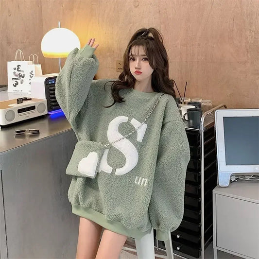 Women Lamb Hoodies with Bag Lady Letter Sweatshirt Loose Outerwear Long Pullover Warm Clothing