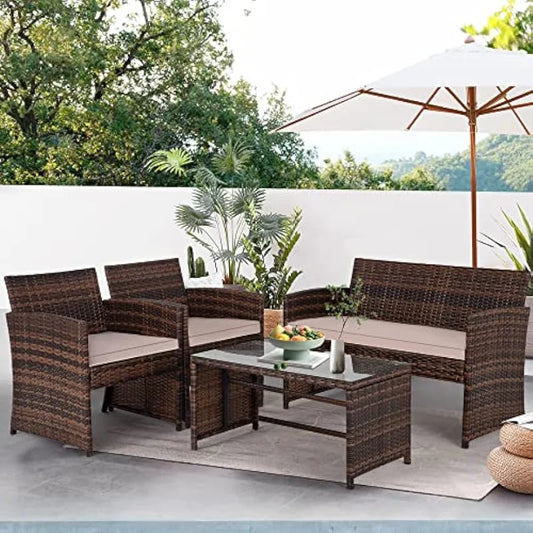 4 Pieces Outdoor Patio Furniture Sets Rattan Chair Patio Set