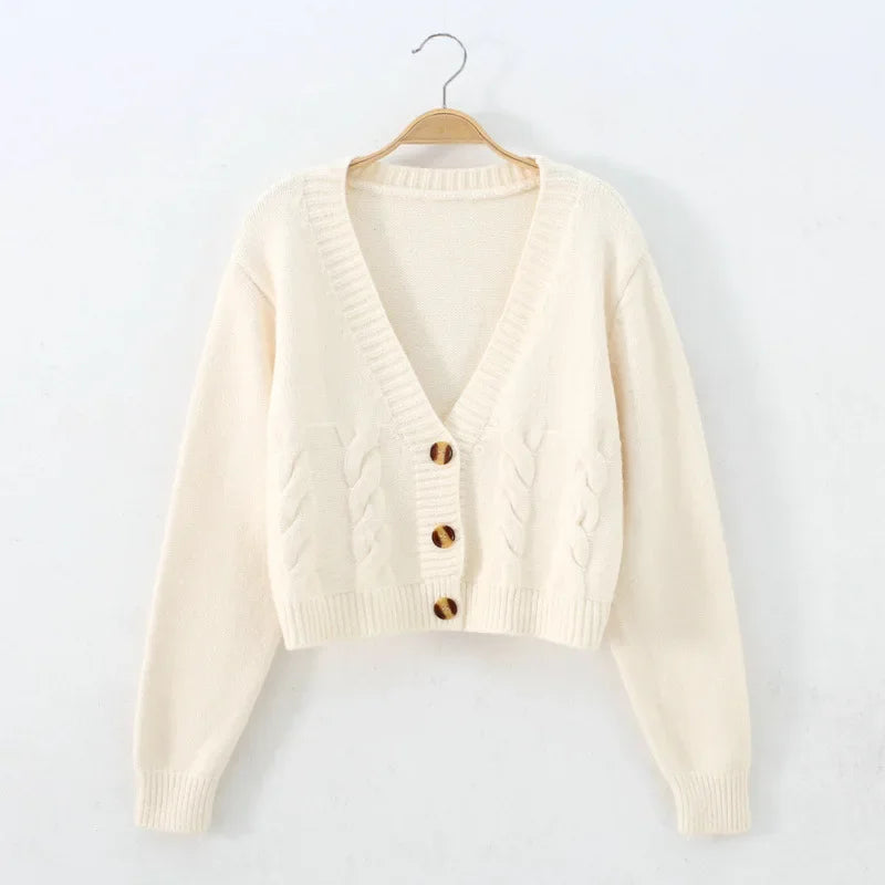 V Neck Cropped Cardigan Women Long Sleeve Knitted Sweater Coats