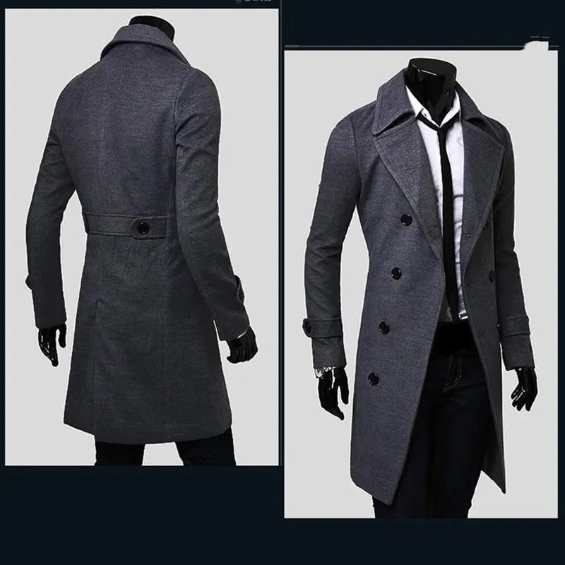 Men Double Breasted Trench Coat Wool Blend Solid Casual Slim Fit Long Jacket Wool Coat