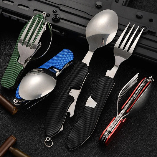 Tablespoon Set 4 In 1 Foldable Spoon Knife Fork Bottle Opener Stainless Steel Folding Pocket Kits