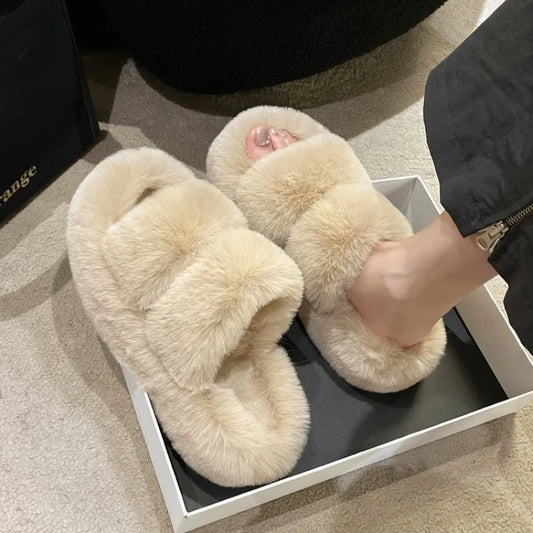 Women Thicken Plush Fur Slippers Winter Slip on Chunky Platform Loafers Mules Woman Thick Bottom