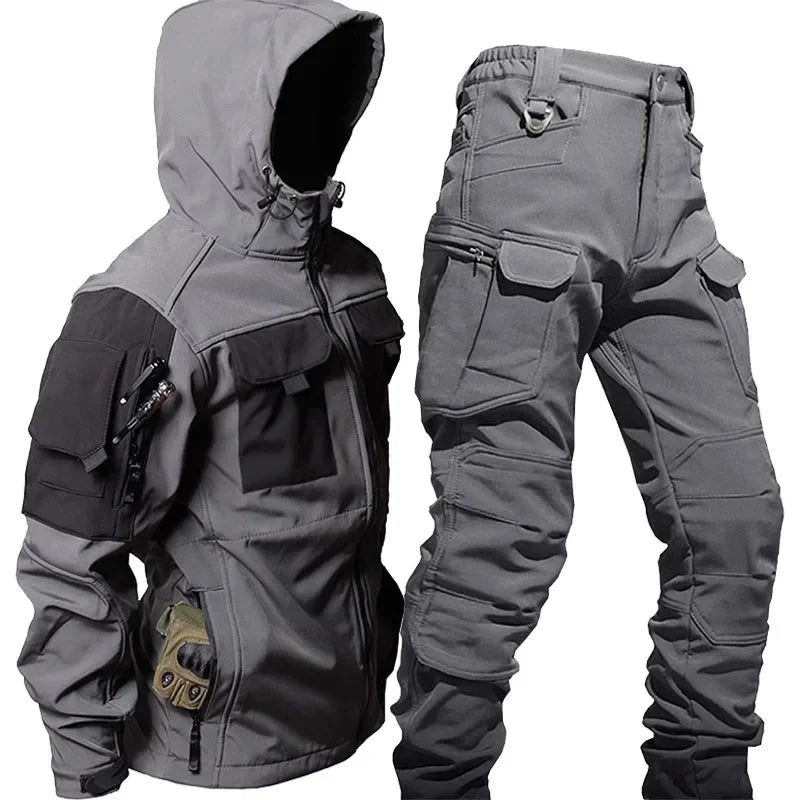 Military Sets Men Waterproof Hooded Jackets Cargo Pants 2 Pcs Suits Winter Fleece Warm Army Set