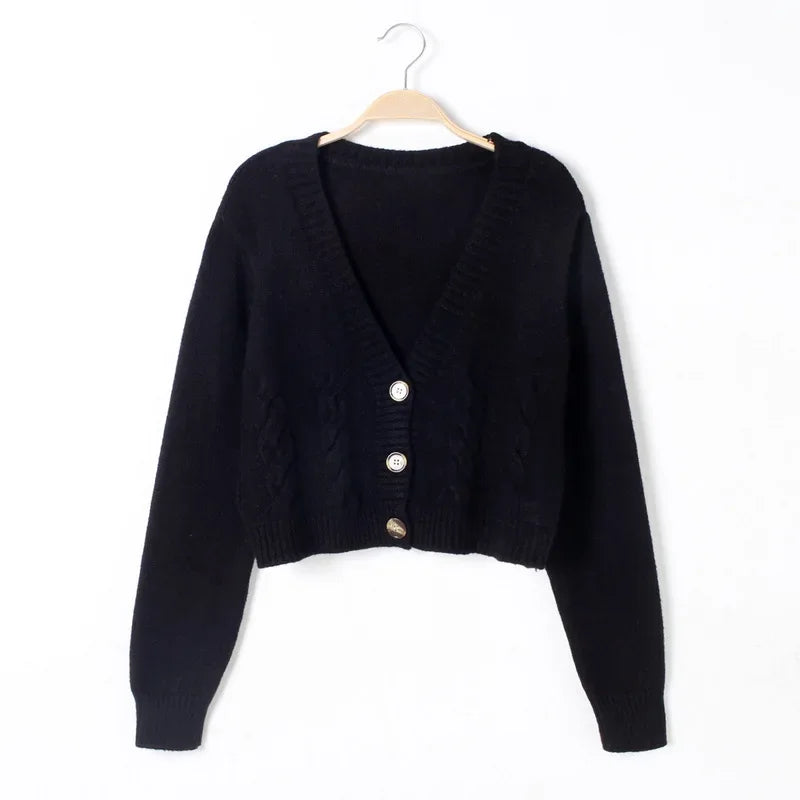 V Neck Cropped Cardigan Women Long Sleeve Knitted Sweater Coats