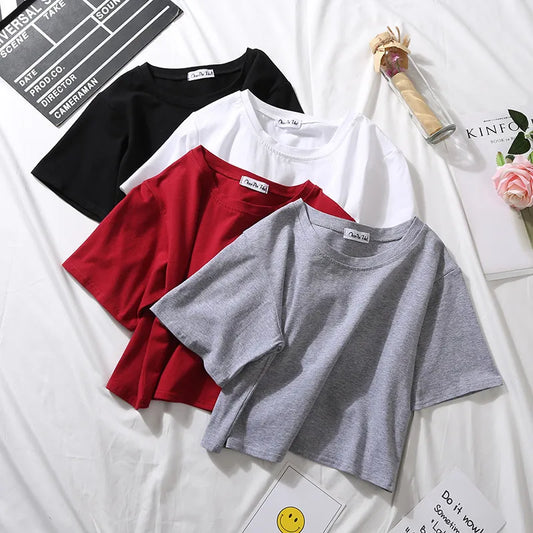 Short Sleeve T Shirts Women Cotton Solid T-shirt High Waist Crop Top Tee