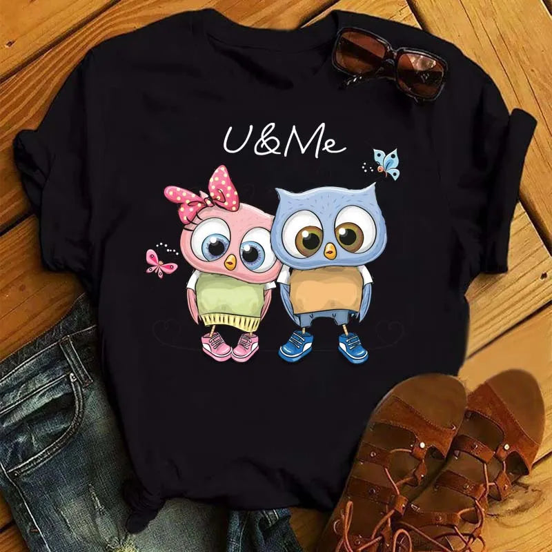 Owl Print T Shirt Women Graphic Shirts Short Sleeved Female T-shirts