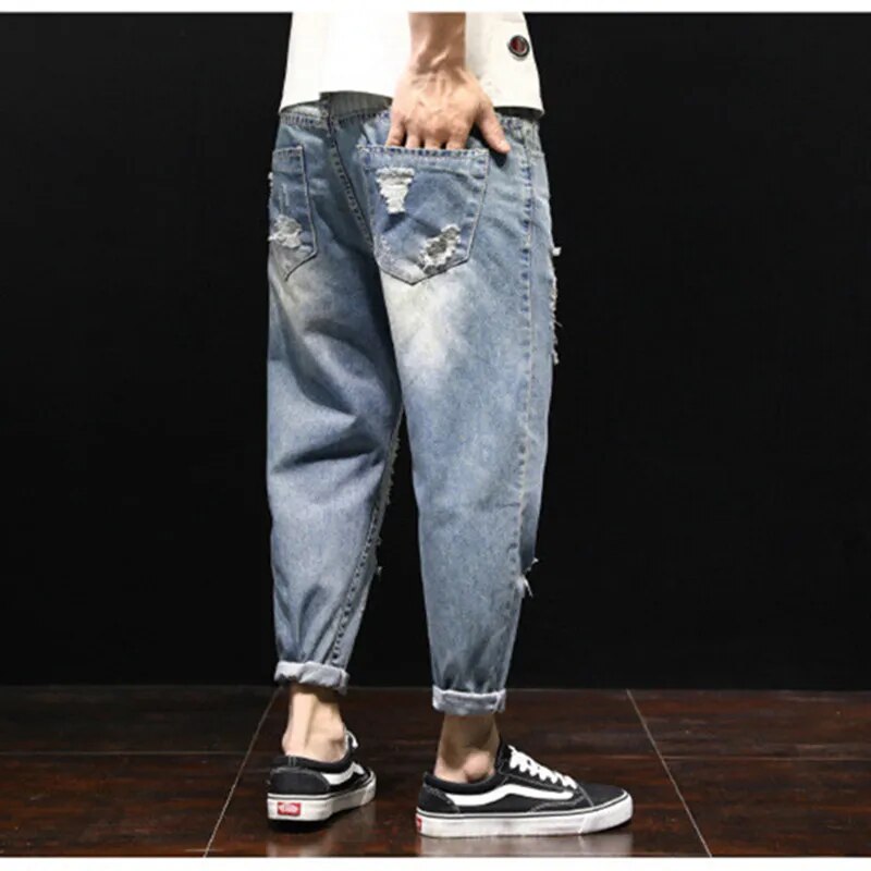 Men Ripped Ankle Length Plus Size Jeans 38 40 42 Denim Pants