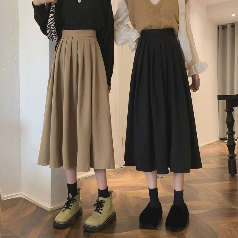 Vintage Brown High Waist Pleated Skirt Women Long Skirt Ladies Casual A line Skirts