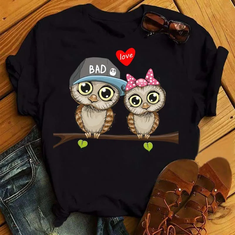 Owl Print T Shirt Women Graphic Shirts Short Sleeved Female T-shirts