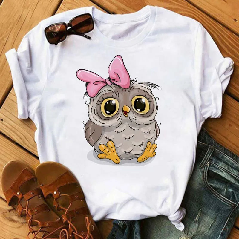 Owl Print T Shirt Women Graphic Shirts Short Sleeved Female T-shirts