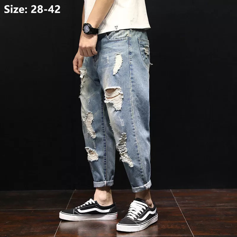 Men Ripped Ankle Length Plus Size Jeans 38 40 42 Denim Pants