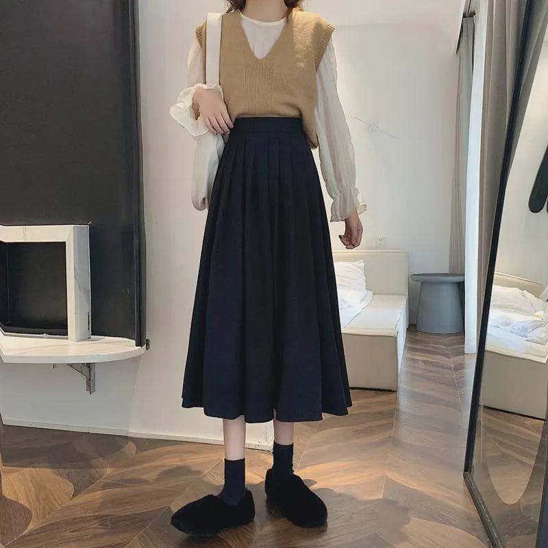 Vintage Brown High Waist Pleated Skirt Women Long Skirt Ladies Casual A line Skirts