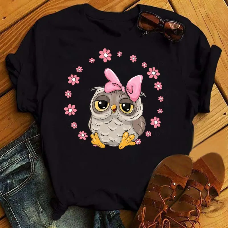 Owl Print T Shirt Women Graphic Shirts Short Sleeved Female T-shirts