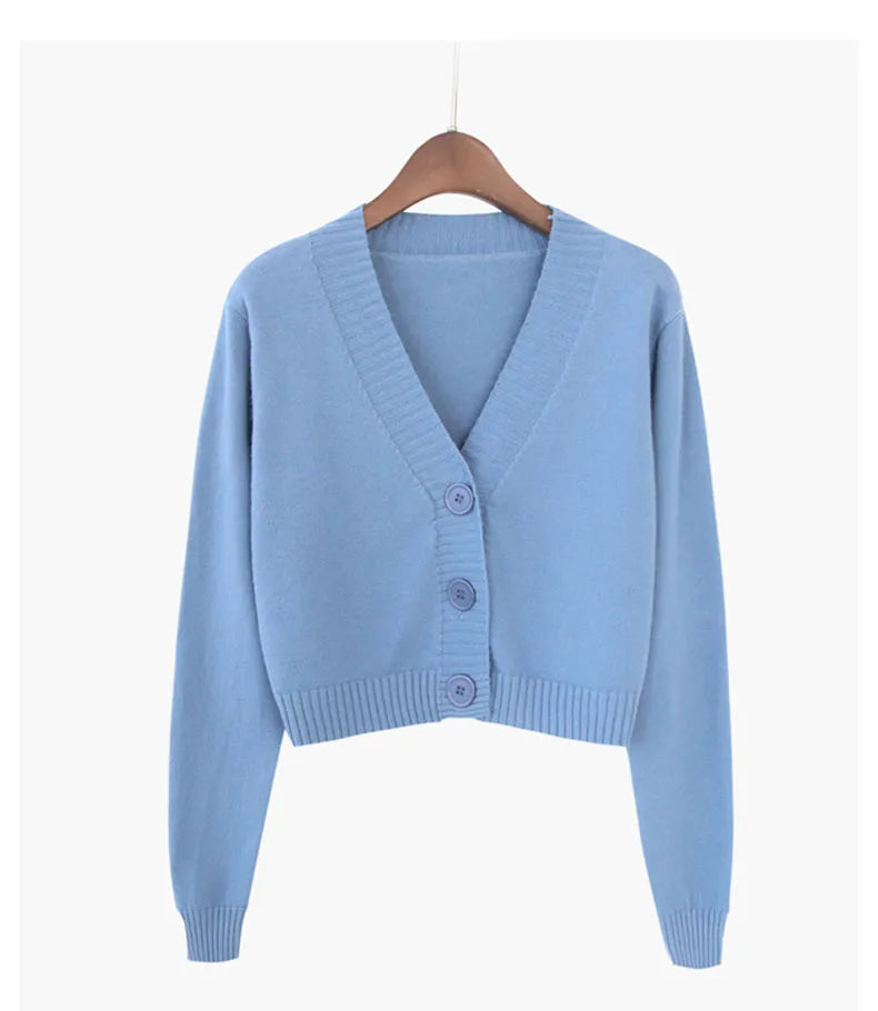 Knitted Crop Cardigan Women Korean Short Sweater Long sleeve V neck Green Blue