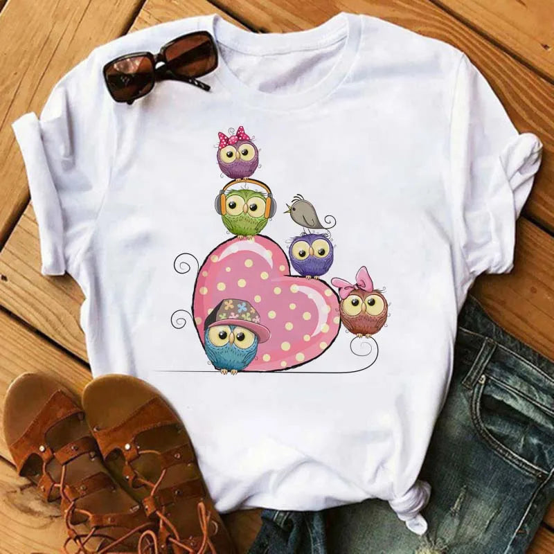 Owl Print T Shirt Women Graphic Shirts Short Sleeved Female T-shirts