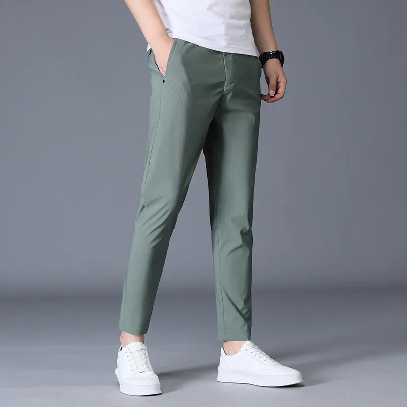 Ankle Length Silk Men Trousers Black Khaki Thin Summer Casual Suit Pants