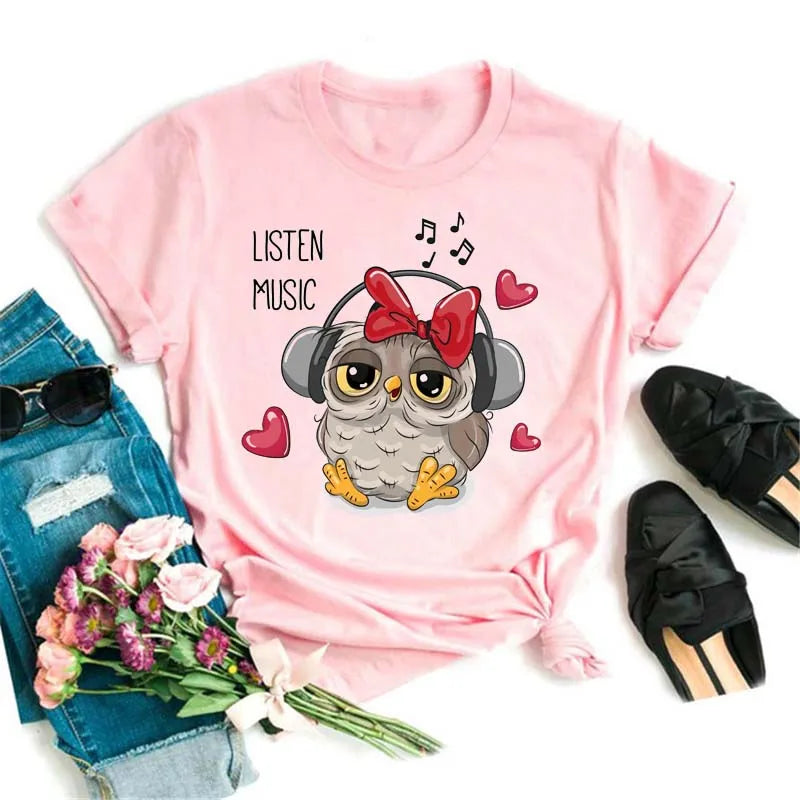 Owl Print T Shirt Women Graphic Shirts Short Sleeved Female T-shirts