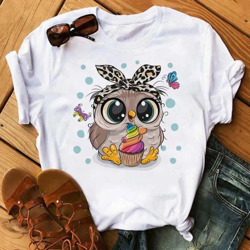 Owl Print T Shirt Women Graphic Shirts Short Sleeved Female T-shirts