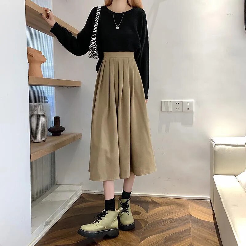 Vintage Brown High Waist Pleated Skirt Women Long Skirt Ladies Casual A line Skirts