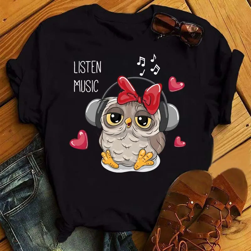 Owl Print T Shirt Women Graphic Shirts Short Sleeved Female T-shirts