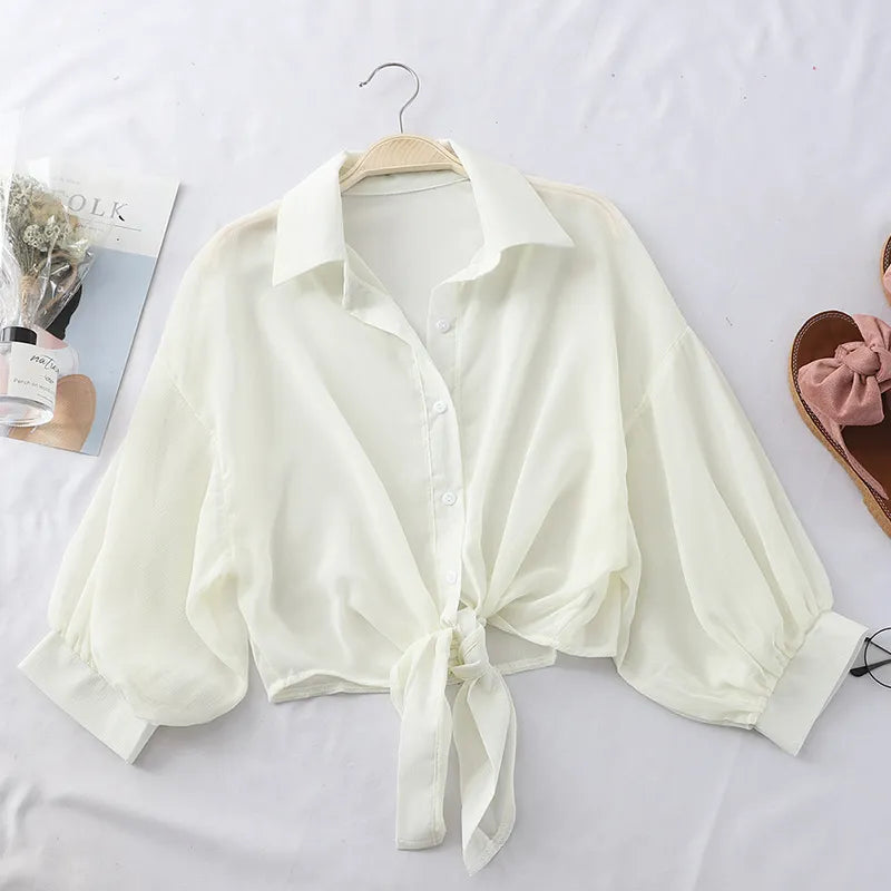 Women Shirts Half Sleeve Buttoned Up Shirt Loose Casual Blouse Tied Waist Elegant Blouses