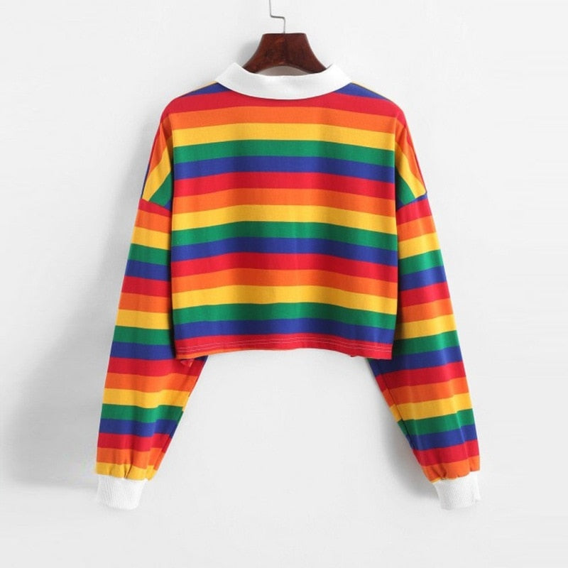 Women Sweatshirt Long Sleeve Rainbow Color Ladies Hoodies With Button Striped Sweatshirt