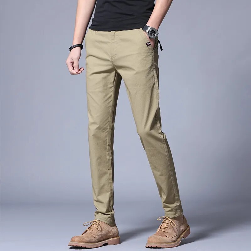 Summer Thin Casual Pants Men Pockets with Zipper Black Slim Fit Skinny Mens Trousers