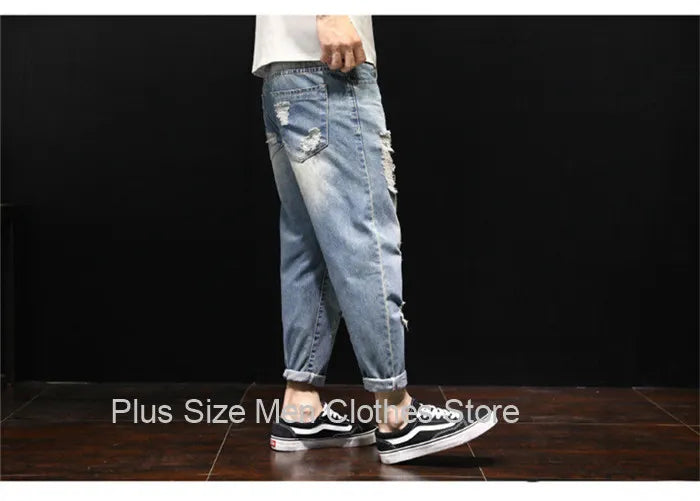 Men Ripped Ankle Length Plus Size Jeans 38 40 42 Denim Pants