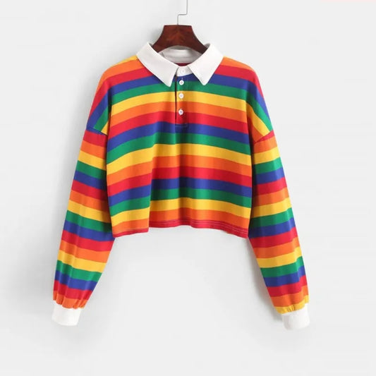 Women Sweatshirt Long Sleeve Rainbow Color Ladies Hoodies With Button Striped Sweatshirt