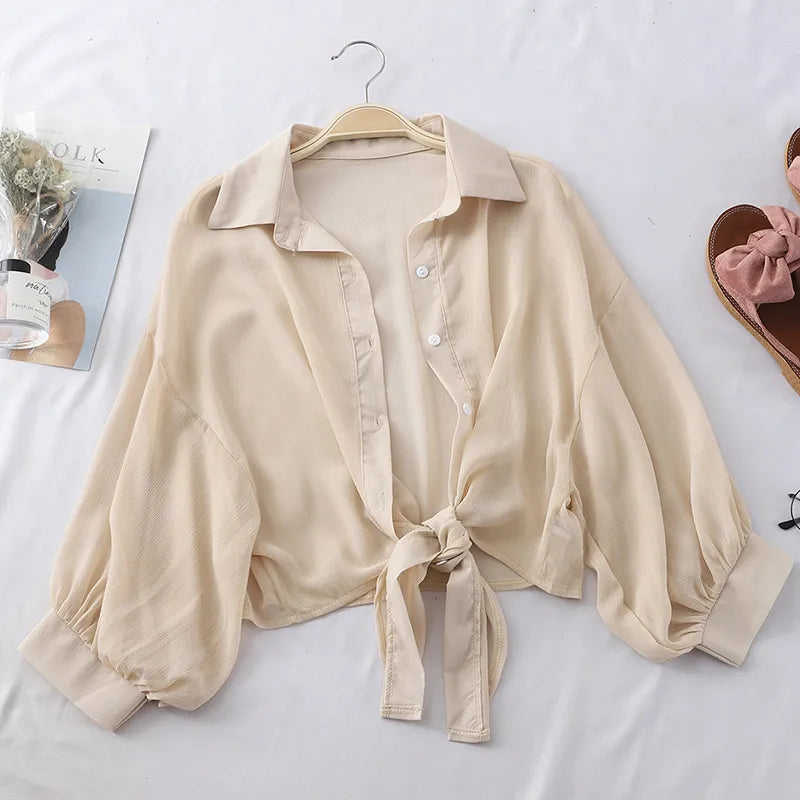 Women Shirts Half Sleeve Buttoned Up Shirt Loose Casual Blouse Tied Waist Elegant Blouses