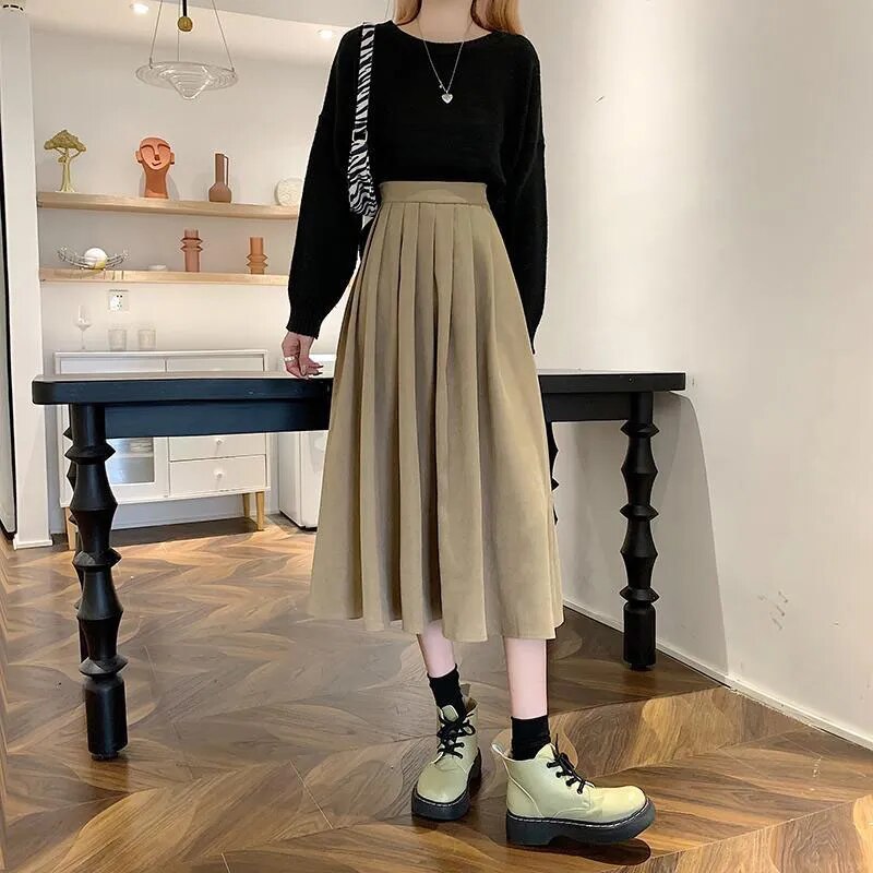 Vintage Brown High Waist Pleated Skirt Women Long Skirt Ladies Casual A line Skirts