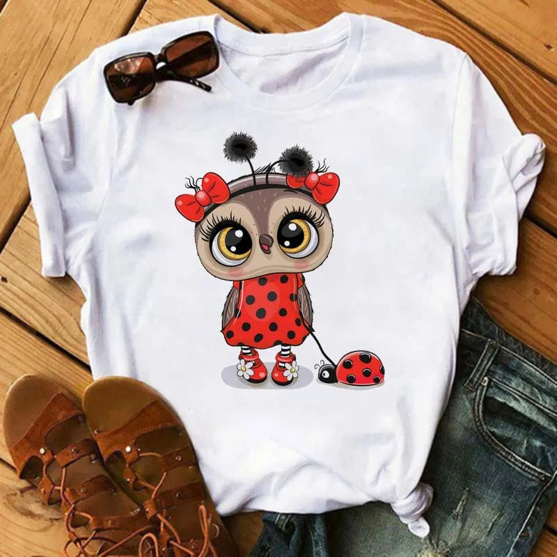 Owl Print T Shirt Women Graphic Shirts Short Sleeved Female T-shirts